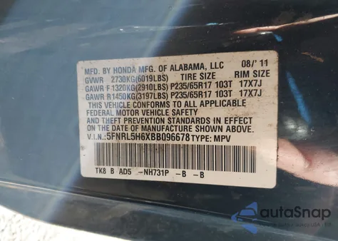 2011 Honda Odyssey Ex-L from USA, damaged, VIN 5FNRL5H6XBB096678